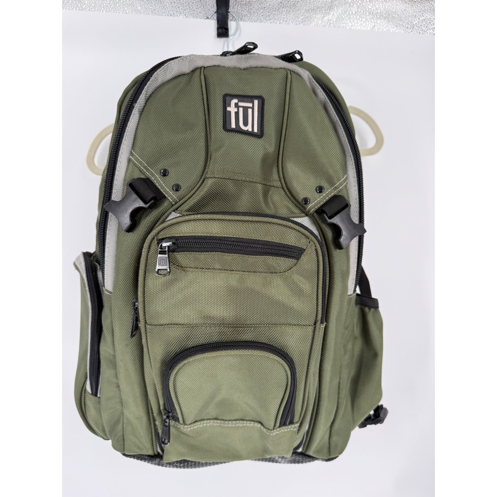F21 Ful Laptop Backpack Olive Green 17" Sleeve Pockets Water Resistant Bottom